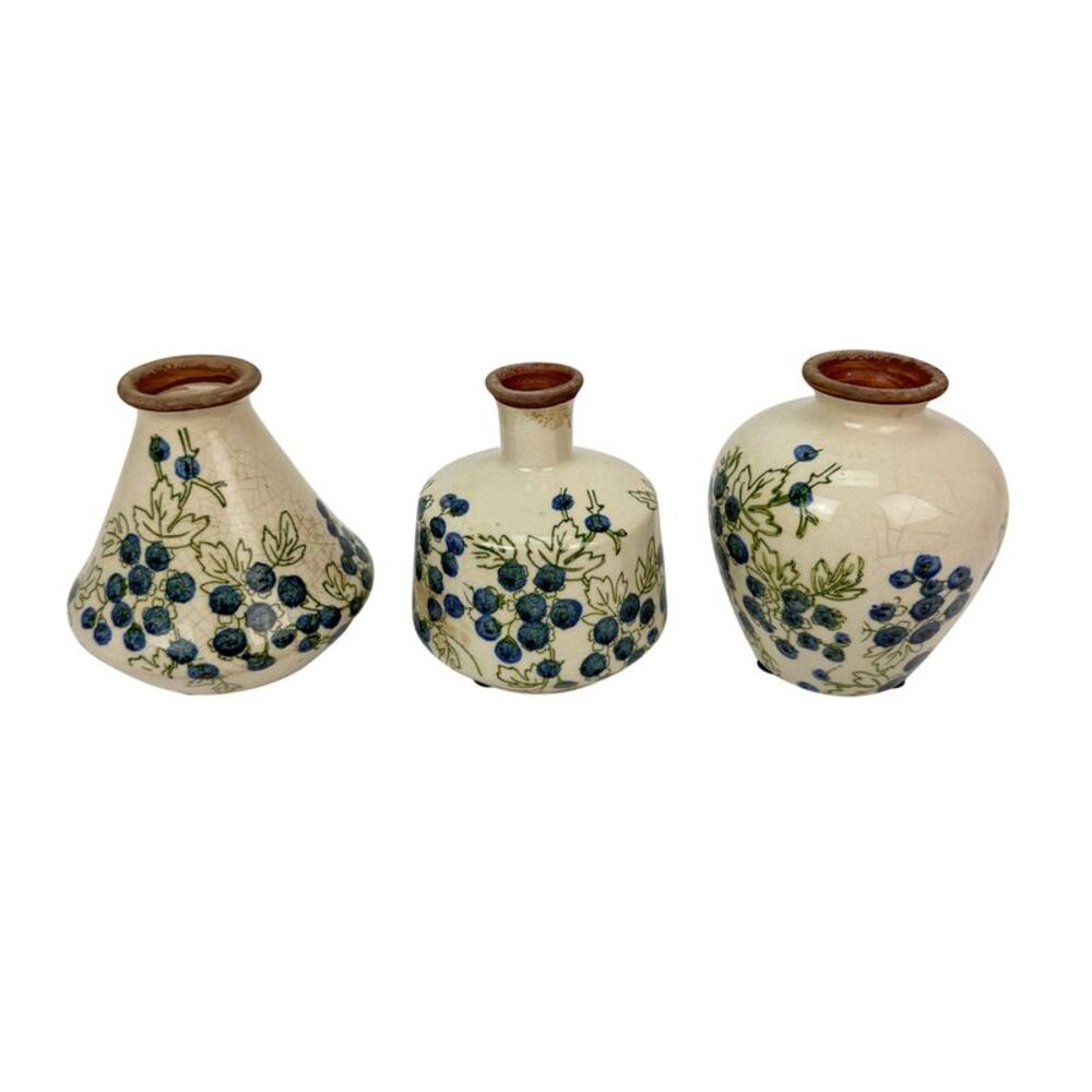 Ceramic Vase Set of 3 Blueberry Floral Crackle Glaze 4.75 Inch Decor